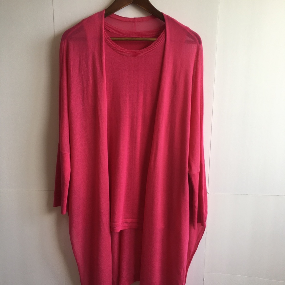Chico's Hot Pink Women's Open-Front Sweater Cardigan Short Sleeve Shirt Set